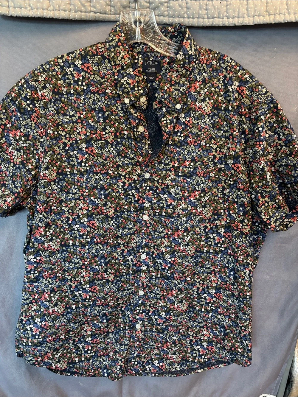 J. Crew Black/Floral Classic Flex Washed Button-Up Short Sleeve Shirt, Sz L